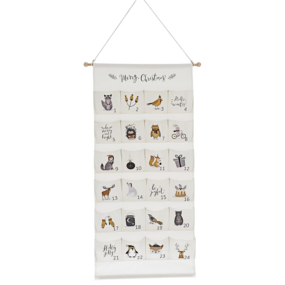 Advent Calendar Gift - ปฏิทินผ้าแคนวาสสีขาว ปี 2025 แบบใช้ซ้ำได้ ลายการ์ตูนรถยนต์และตุ๊กตาหิมะ สำหรับเด็กหญิงและเด็กชาย