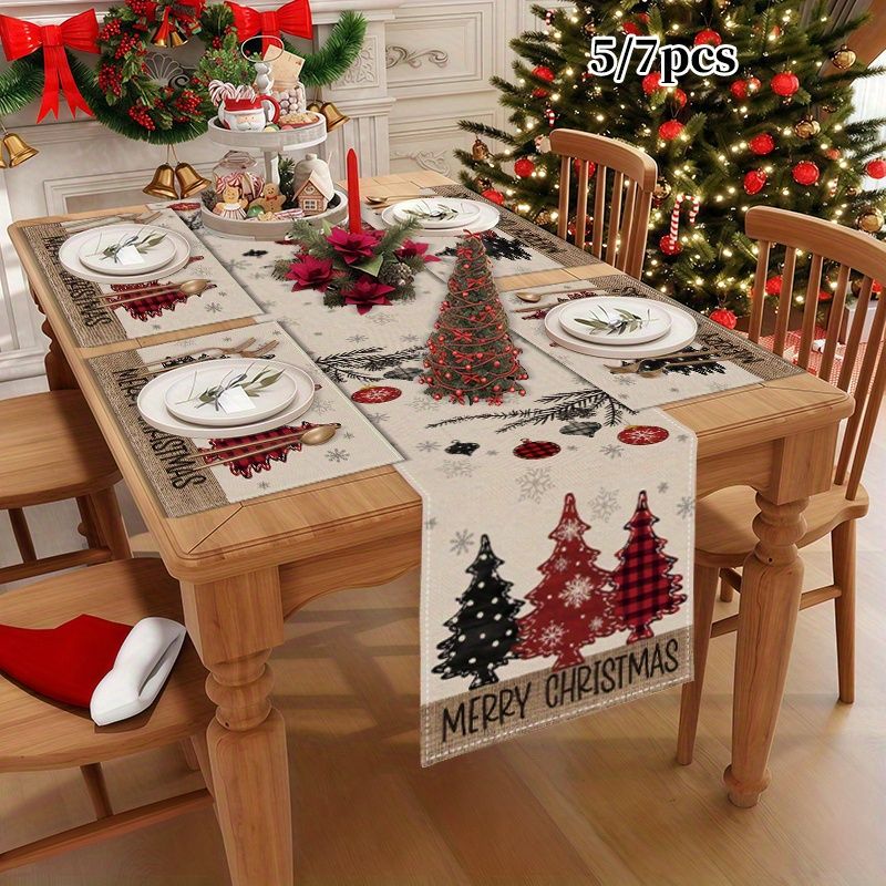 Christmas Table Runner - ชุดผ้ารองโต๊ะคริสต์มาสสไตล์อเมริกัน กันน้ำ กันลื่น ซักได้ สำหรับห้องครัว ห้องรับประทานอาหาร