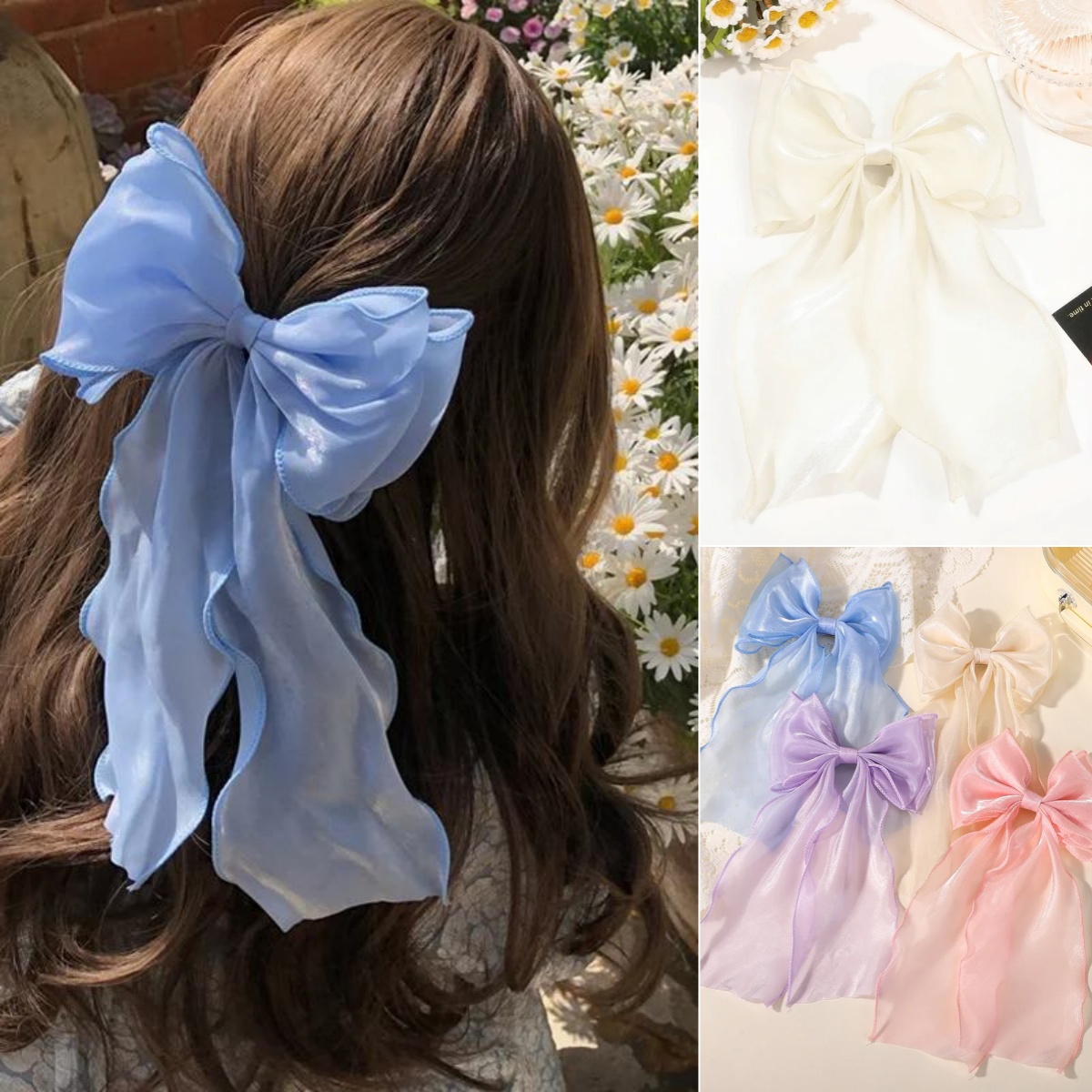 Ribbon Bow Gift - กิ๊บติดผมโบว์ผ้าชีฟองสีชมพูม่วงสไตล์ฝรั่งเศสสำหรับผู้หญิง ของขวัญสำหรับแฟนสาว ใช้สำหรับรวบผมหางม้า