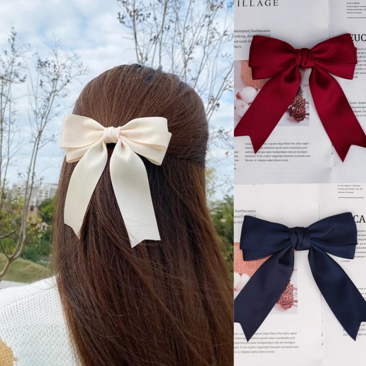 Ribbon Bow Gift - กิ๊บติดผมผู้หญิงแบบโบว์สองชั้นสีดำแดงเรียบหรู พร้อมริบบิ้น สำหรับงานแต่งงาน ของขวัญ ของตกแต่งผม