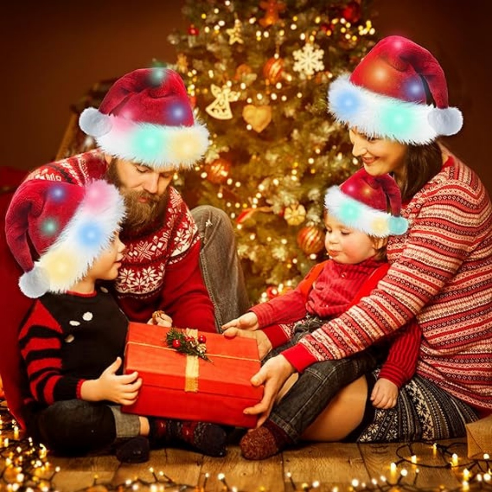 Santa Hat Plush - หมวกซานต้าเรืองแสงสีแดงเขียว ทำจากผ้าพลัฌหนานุ่ม พร้อมไฟ LED สำหรับผู้ใหญ่และเด็ก ตกแต่งงานปาร์ตี้คริสต์มาส