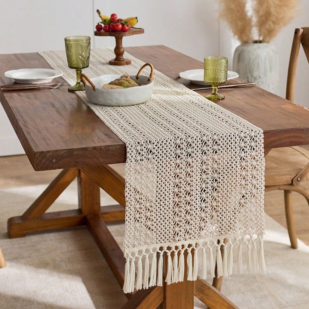 Christmas Table Runner - ผ้าปูโต๊ะสไตล์โบโฮฟาร์มเฮาส์สีเบจ 1 ผืน ผสมโพลีเอสเตอร์ พร้อมพู่ห้อย สำหรับตกแต่งบ้านและร้านอาหาร