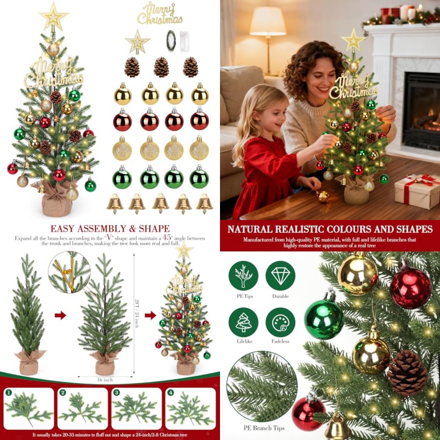 Christmas Tree Artificial - ต้นคริสต์มาสขนาดเล็ก 2 ฟุต, ต้นคริสต์มาสตั้งโต๊ะพร้อมไฟ LED 30