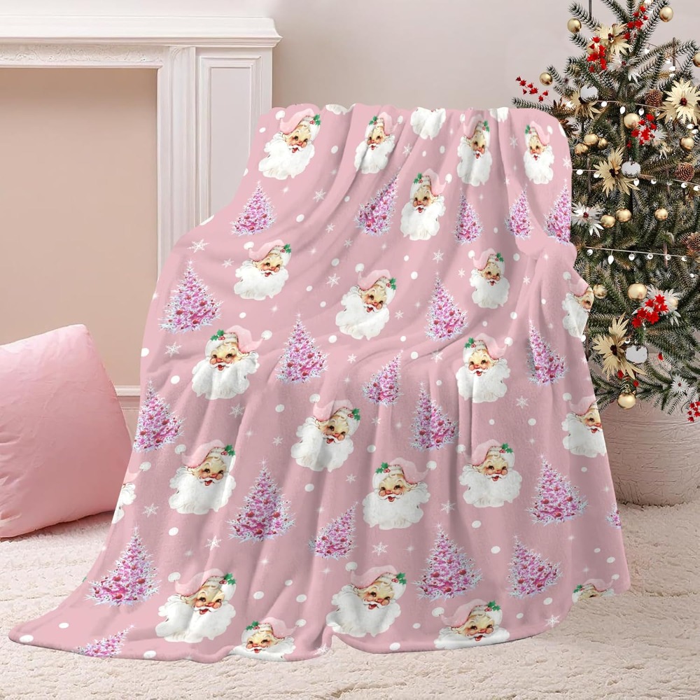 Christmas Throw Blanket - Soft Plush ผ้าห่มคริสต์มาส,น่ารักซานตาคลอสสีชมพูต้นคริสต์มาสเกล็ดหิมะอุ่นผ้าห่มสําหรับโซฟา