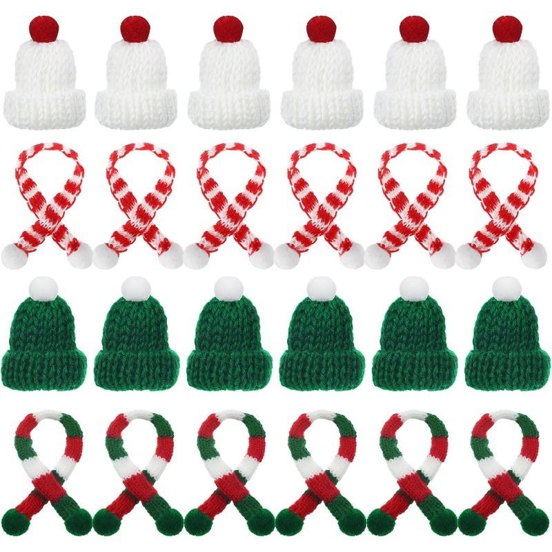 Santa Hat Plush - 5/10 ชิ้นตกแต่งคริสต์มาสมินิถักหมวกผ้าพันคอคริสต์มาสถักตกแต่งฤดูหนาวตุ๊กตาเสื้อผ้าอุปกรณ์เสริม DIY ของขวัญตกแต่ง