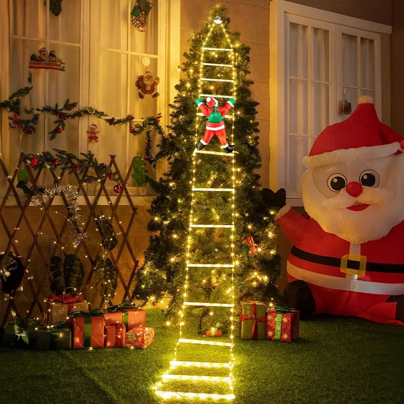 Christmas Lights Outdoor - ไฟคริสต์มาส LED สายไฟตกแต่งบันไดพร้อมซานตาคลอส สำหรับตกแต่งภายในและภายนอก หน้าต่าง สวน