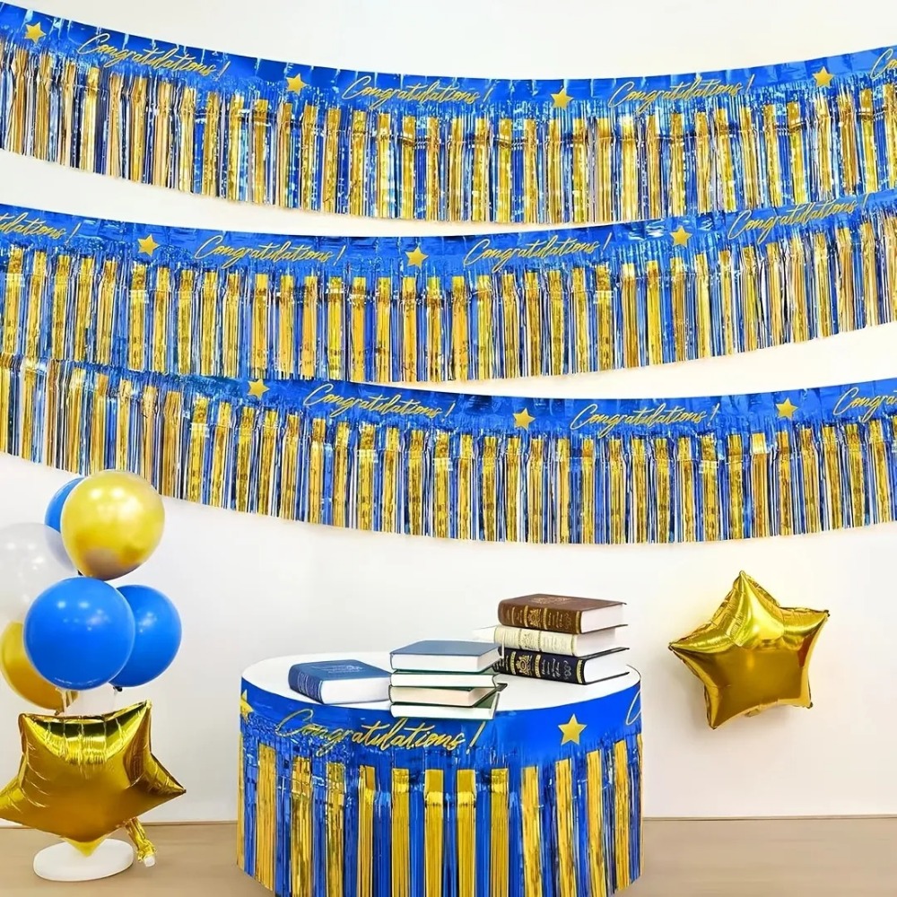 Tinsel Garland Decoration - พวงมาลัยประดับตกแต่งสีน้ำเงินทอง 3 ชิ้น, สายรุ้งประกายเงาสำหรับตกแต่งบูธถ่ายรูป, รถขบวนพาเหรด, รถยนต์