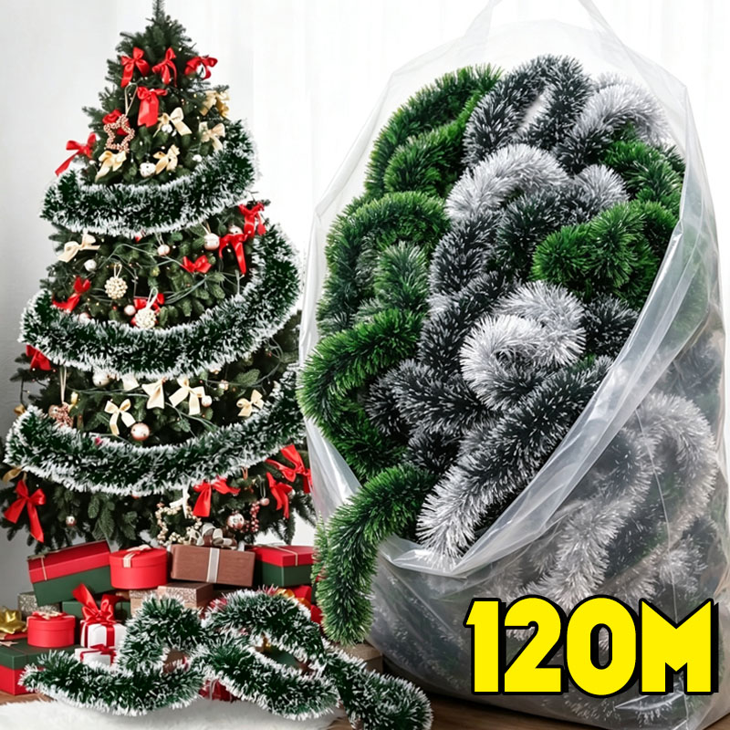Tinsel Garland Decoration - พวงมาลัยประดับคริสต์มาสสีเขียวขาวลายหิมะ ของตกแต่งแขวนสำหรับงานปาร์ตี้ในร่ม ของตกแต่งต้นคริสต์มาส พวงหรีดบันได ของตกแต่งกลางแจ้ง