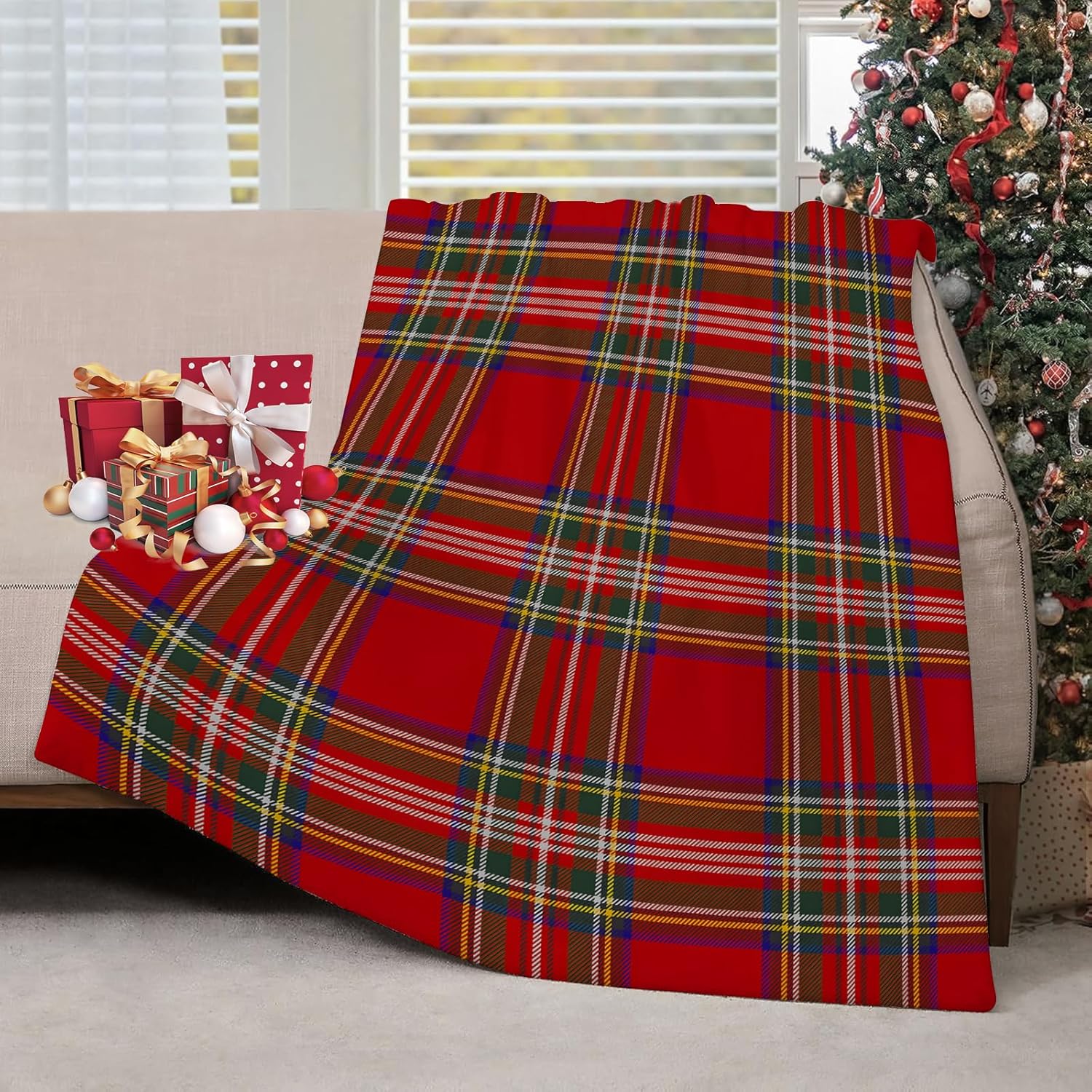 Christmas Throw Blanket - ผ้าห่มลายสก็อตสำหรับคริสต์มาส ผ้าห่มลายทาร์ทันสไตล์ฟาร์มเฮาส์ ผ้าห่มนุ่ม อุ่น สบาย ทำจากผ้าฟลานเนล