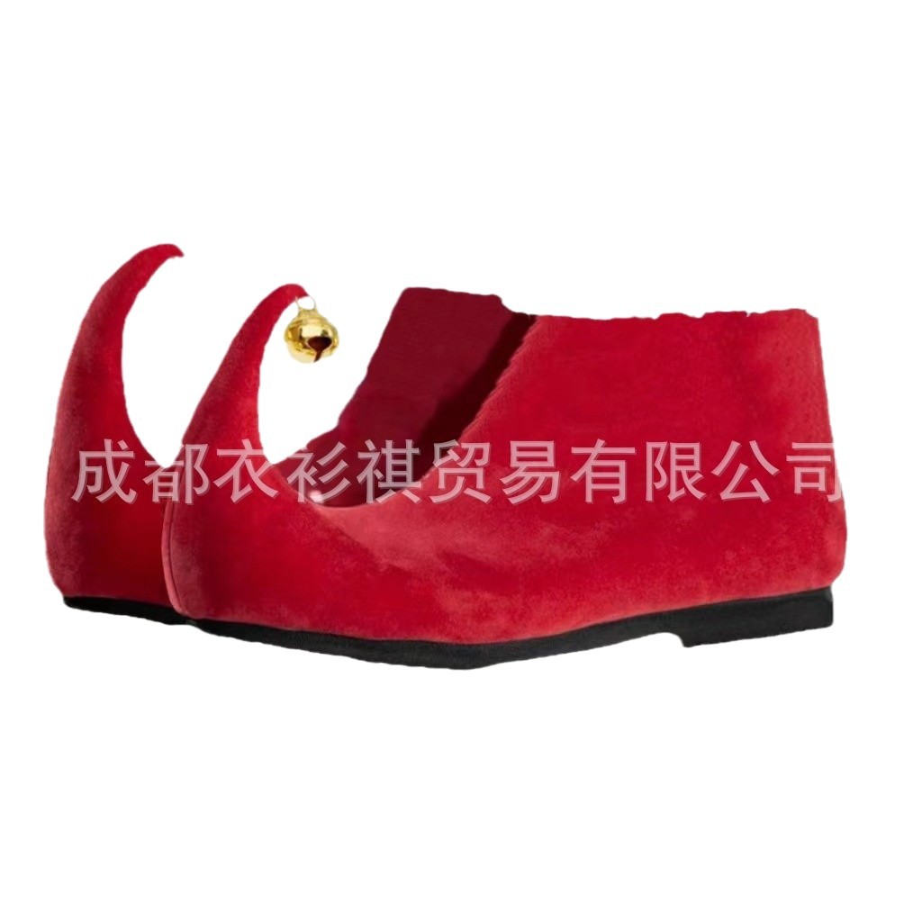 Elf Costume Christmas - รองเท้าบูทสีแดงแบบมีกระดิ่งสำหรับผู้ใหญ่ ชุดซานตาคลอส สำหรับงานปาร์ตี้ การแสดงบนเวที อุปกรณ์ประกอบฉากสำหรับการแสดง แบบ