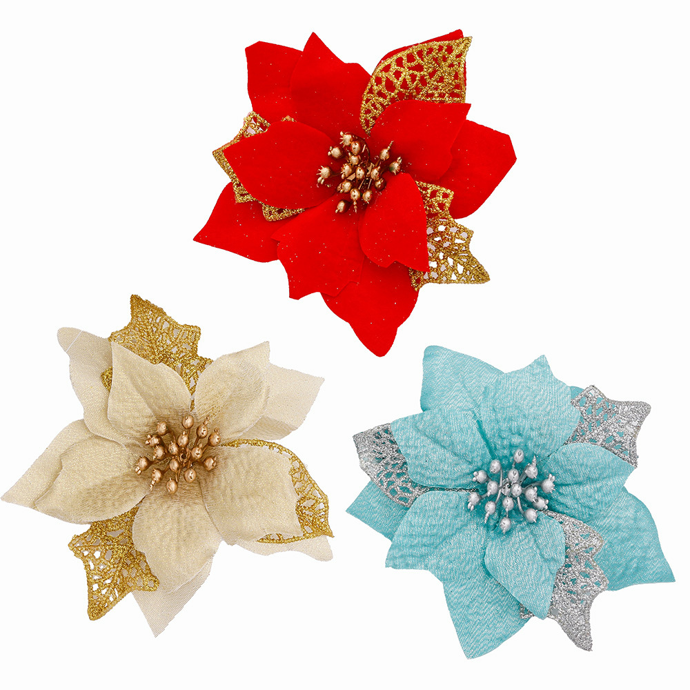 Christmas Wreath Fake - ดอกไม้ประดิษฐ์กลิตเตอร์ 10 ชิ้น ดอกไม้ปลอม ตกแต่งต้นคริสต์มาส สำหรับตกแต่งบ้าน