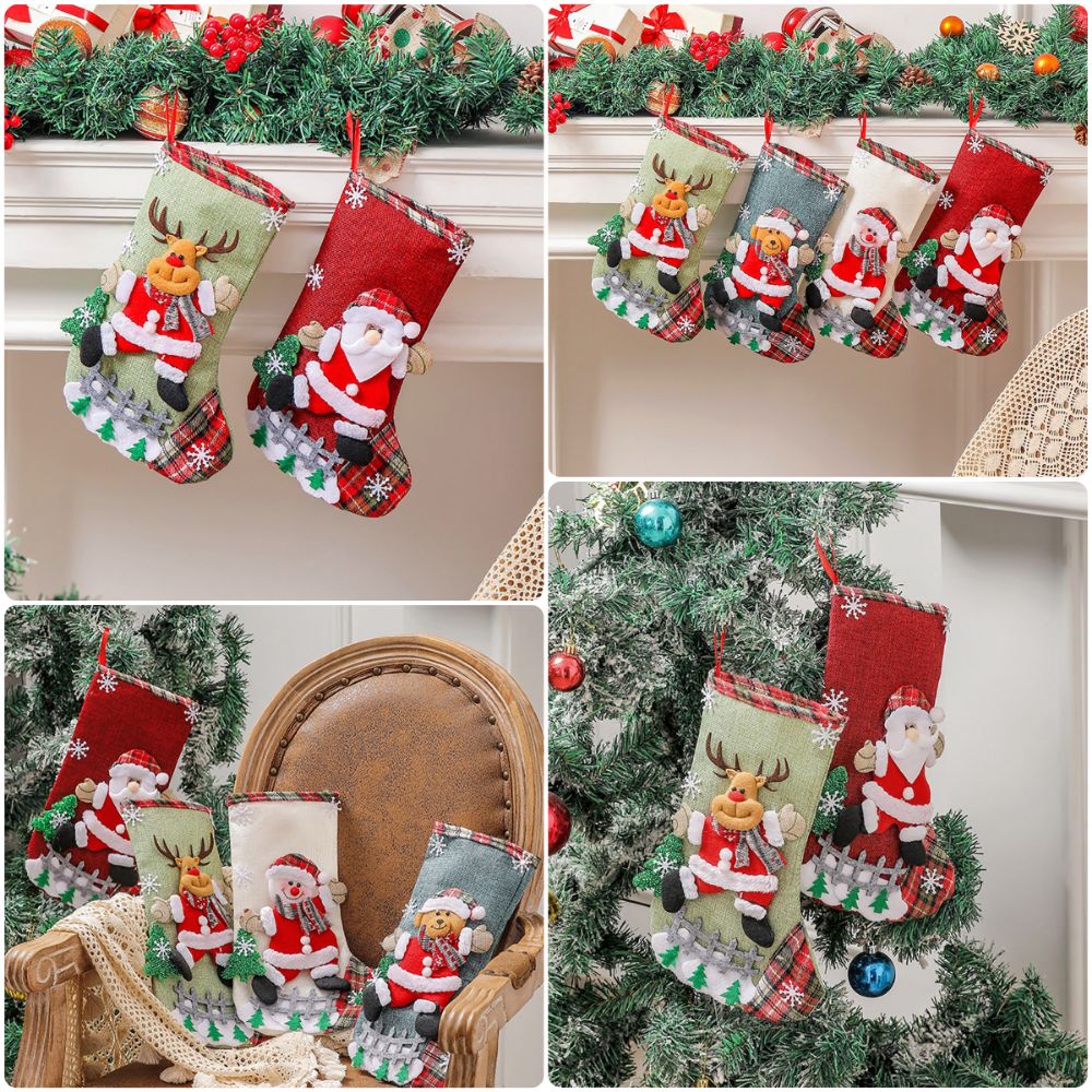 Christmas Stocking Hanging - ถุงเท้าคริสต์มาสหลากสีลายการ์ตูนสโนว์แมน กวาง หมี และซานตาคลอส สำหรับตกแต่งแขวนประดับฉากคริสต์มาส