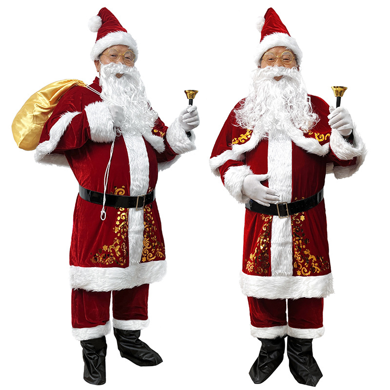 Elf Costume Christmas - ชุดซานตาคลอสสำหรับผู้ใหญ่ ชุดคริสต์มาสพร้อมเคราและหมวก ชุดสำหรับงานปาร์ตี้ งานรื่นเริง วันหยุด ชุดแฟนซี