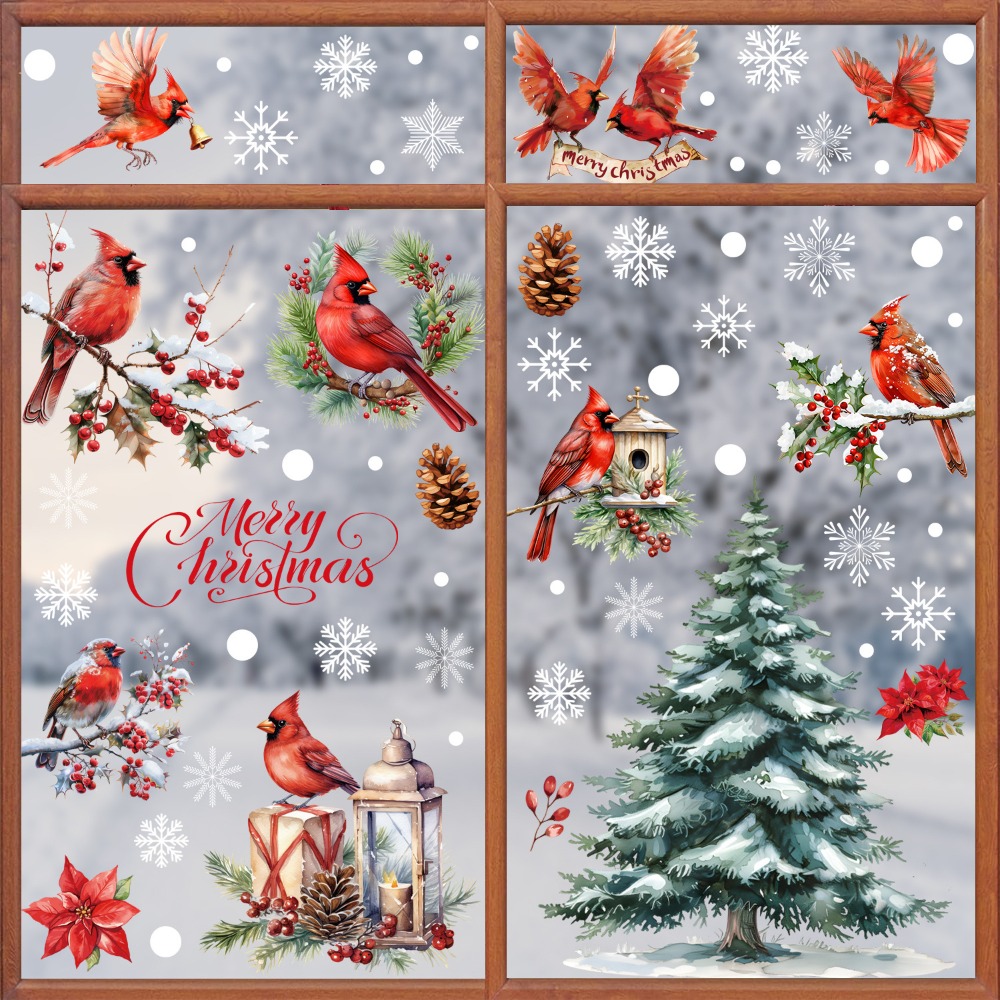 Snowflake Window Decal - สติ๊กเกอร์ตกแต่งหน้าต่างคริสต์มาส 9 ชิ้น ลายคาร์ดินัล นก หิมะ