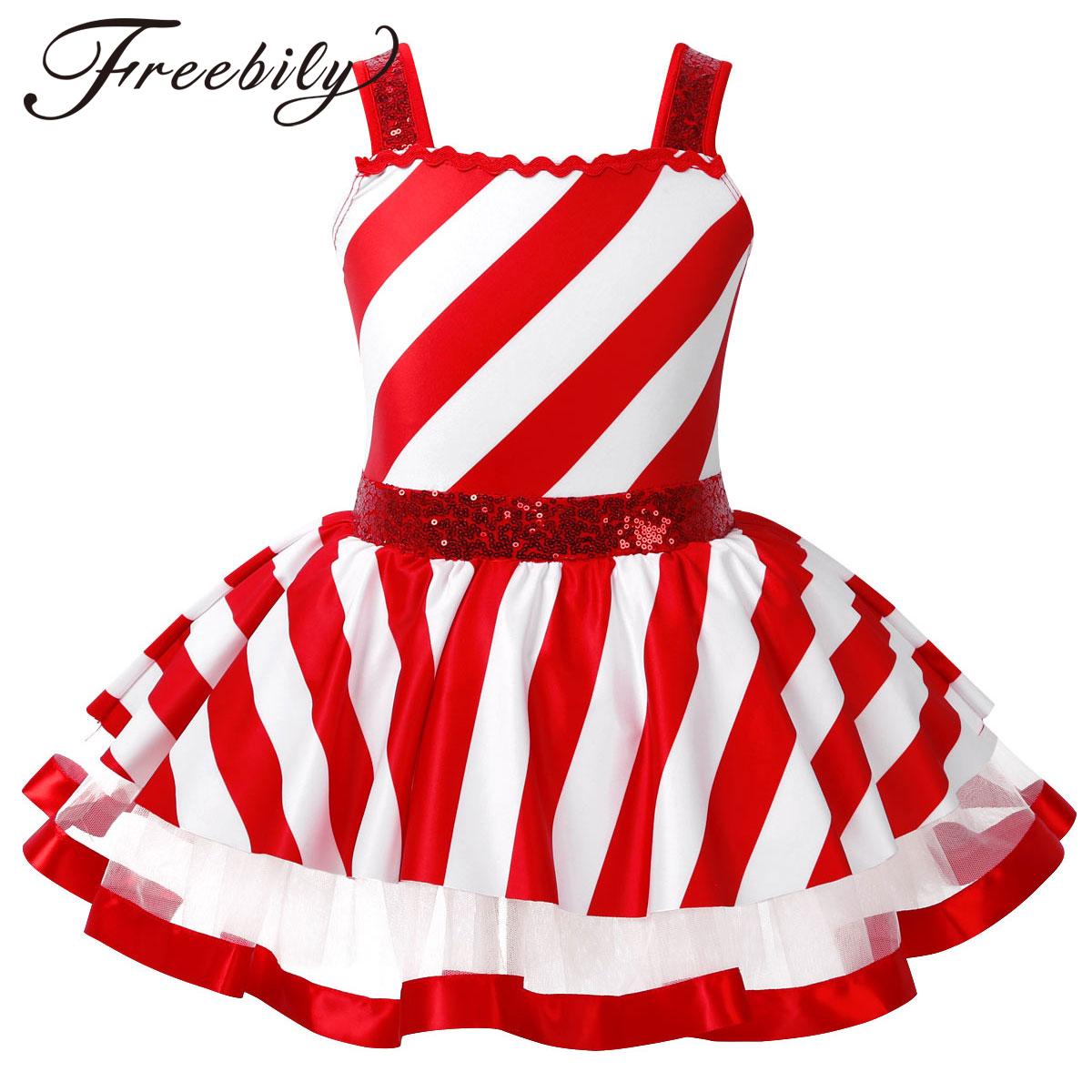 Elf Costume Christmas - ชุดเดรสเต้นบัลเลต์สำหรับเด็กผู้หญิง ลายลูกกวาดคริสต์มาส ประดับเลื่อมวิบวับ ผ้าตาข่ายลายทาง สำหรับงานคาร์นิวัล งานละครสัตว์