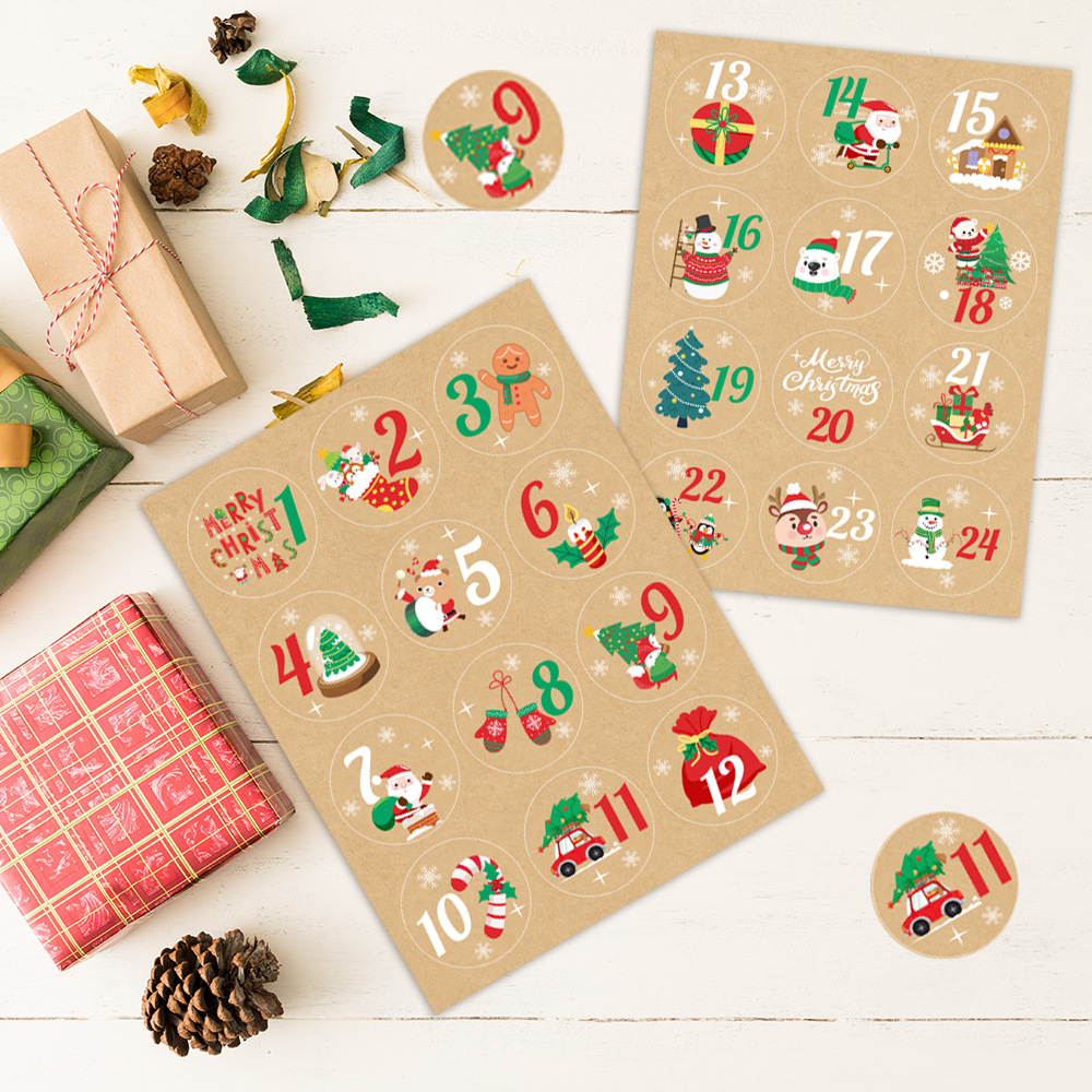 Advent Calendar Gift - สติกเกอร์ตัวเลขปฏิทินนับถอยหลังวันคริสต์มาส 24 ชิ้น สติกเกอร์ตัวเลขอเนกประสงค์สำหรับปิดผนึกบรรจุภัณฑ์ของขวัญ ตกแต่งบ้าน ﻿
