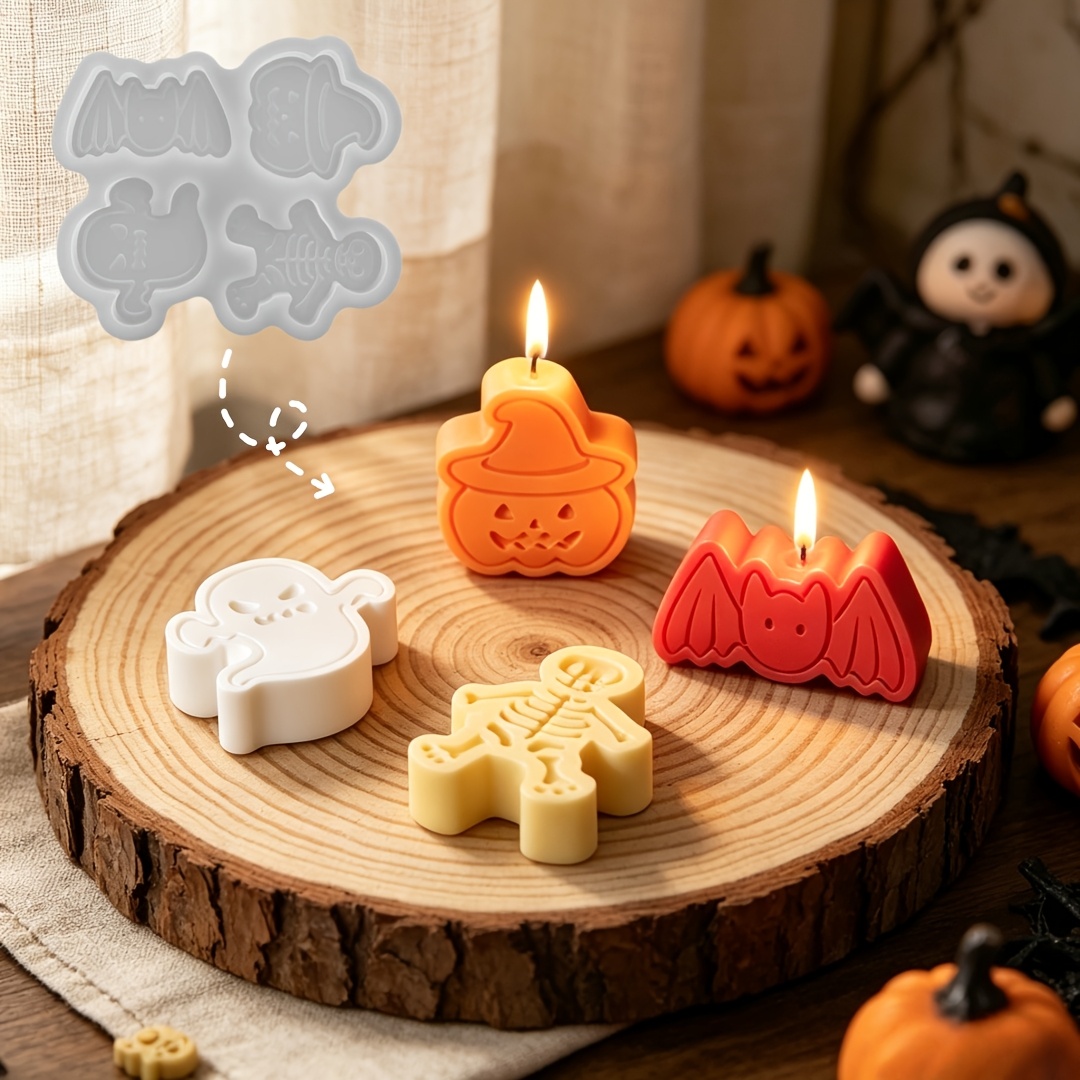 Holiday Candle Set - ชุดแม่พิมพ์ซิลิโคน 4 ช่องสำหรับทำดินเหนียว DIY รูปผี ฟักทอง