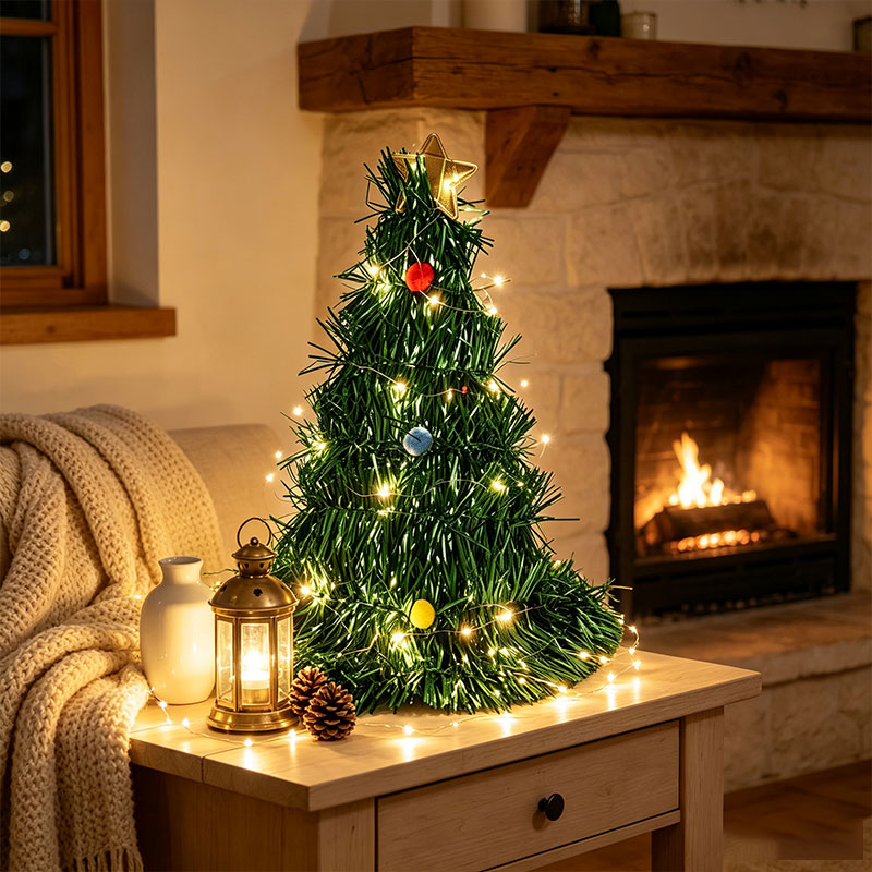 Star Tree Topper - ต้นคริสต์มาสขนาดเล็กแบบพับได้ สีเขียวประดับด้วยเส้นดิ้น พร้อมไฟ LED สีวอร์มไวท์ ประดับดาวที่ยอดต้นไม้
