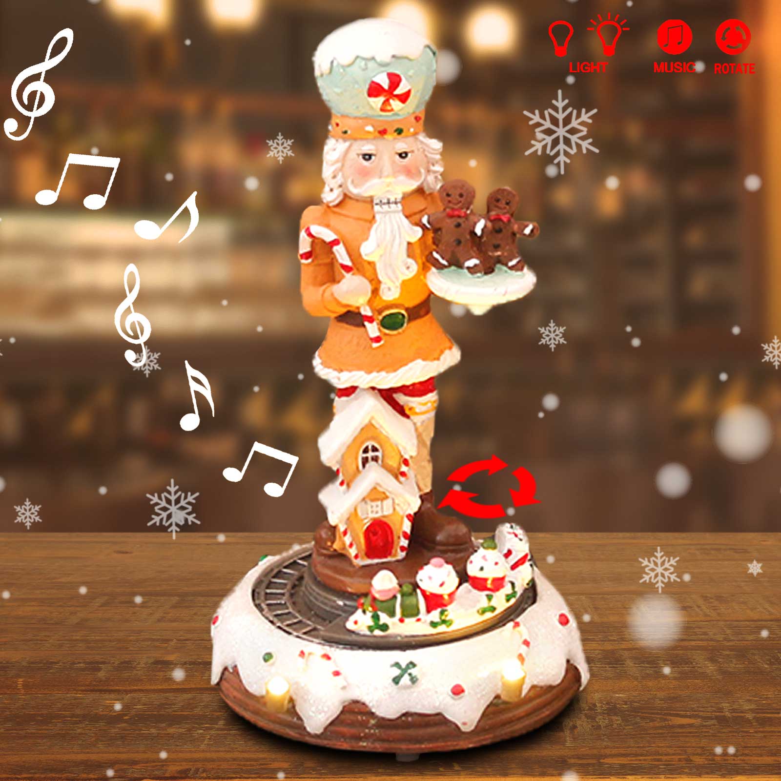 Nutcracker Figurine - ของสะสมขนมปังขิงของสะสมรูปรถไฟแบบเคลื่อนไหวได้ตกแต่งเป็นชั้นด้วยไฟ LED ประดับบ้านในร่ม