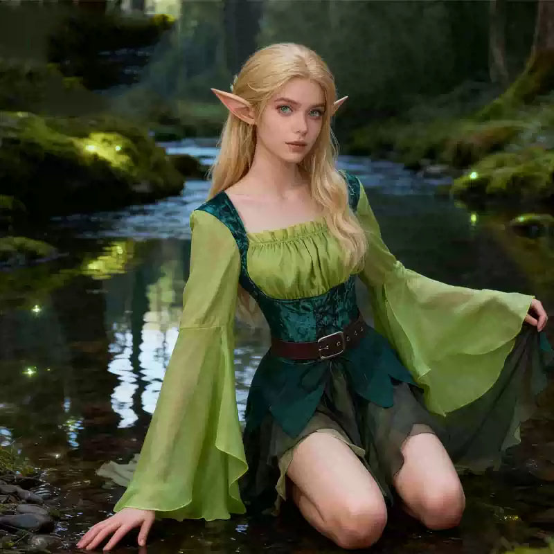 Elf Costume Christmas - ชุดนางฟ้าเอลฟ์สีเขียวยุคกลางสำหรับผู้หญิง ชุดเอลฟ์วิเศษพร้อมเข็มขัดและปีก สำหรับงานปาร์ตี้ฮาโลวีน คริสต์มาส คอสเพลย์