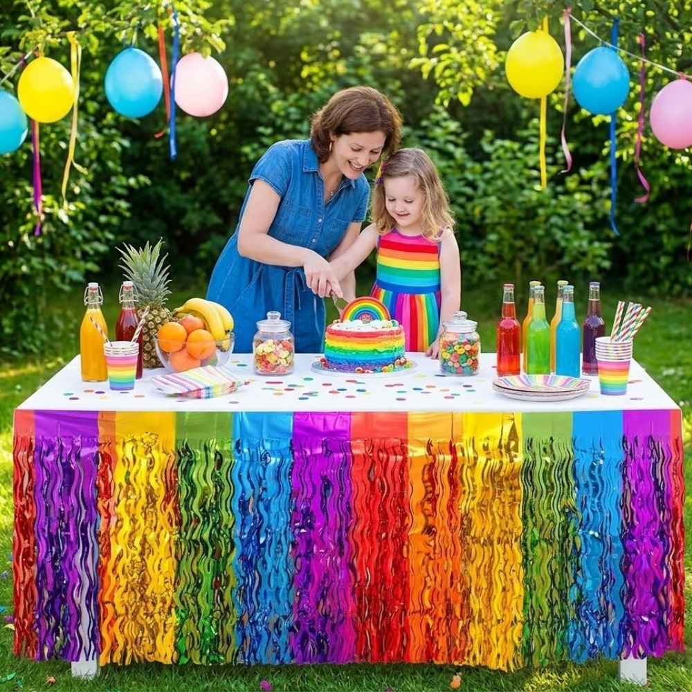 Tinsel Garland Decoration - กระโปรงโต๊ะเมทัลลิกสีรุ้งแบบหยัก 2 แพ็ค - ของตกแต่งงานปาร์ตี้แบบฟอยล์สำหรับงานวันเกิด งานแต่งงาน