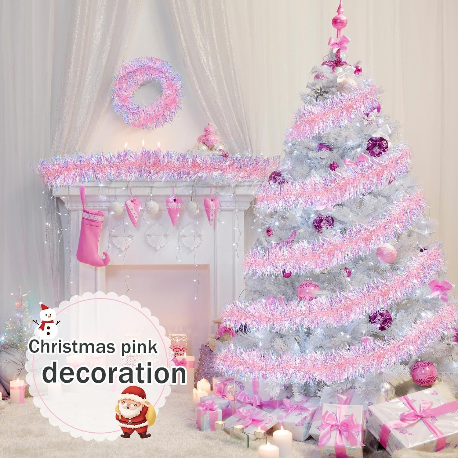 พวงมาลัยประกายกลิตเตอร์สีชมพู  - Tinsel Garland Decoration บทวิจารณ์และราคา